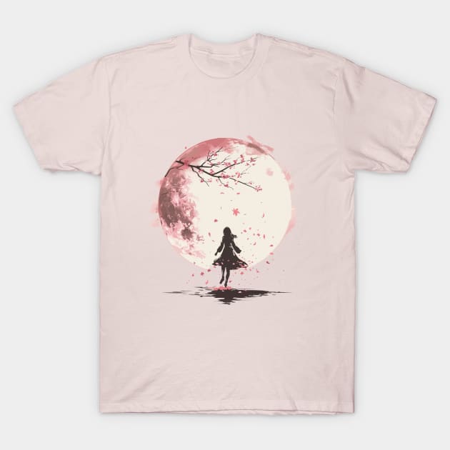 Full moon Girl Sakura Leaves T-Shirt by Ceiko